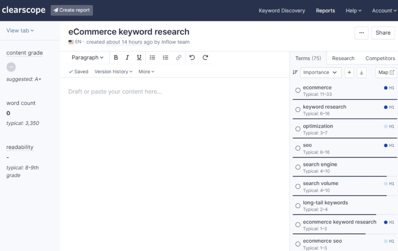 Screenshot of Clearscope report for eCommerce keyword research. Includes content grade, word count, and readability suggestions, as well as 75 terms to include.