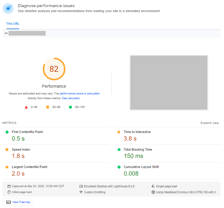 Google PageSpeed Insights Report. Diagnose performance issues. Performance score: 82. Six data pieces: First Contentful Pain (0.5 s); Time to Interactive (3.8 s); Speed Index (1.8 s); Total Blocking Time (150 ms); Largest Contentful Paint (2.0 s); Cumulative Layout Shift (0.008).