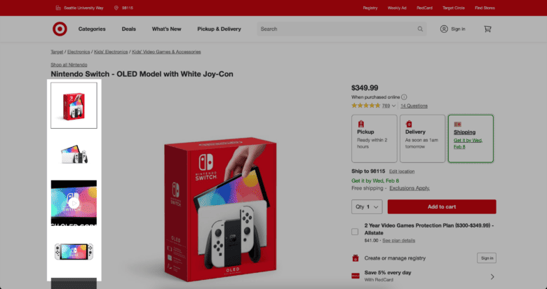 Target.com product page: Nintendo Switch - O L E D Model with White Joy-Con. Highlighted are the multiple product images on the left side of the screen.