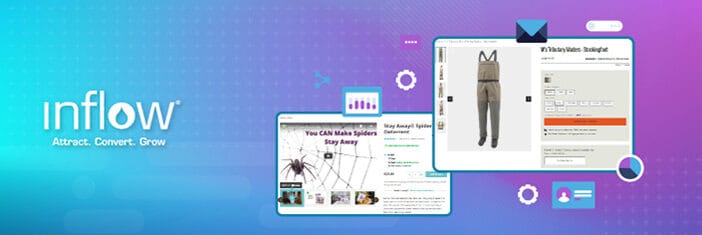 Screenshots of Stay Away Spider Repellant product page and M3's Tributary Waders - Stockingfoot. Logo: Inflow. Attract. Convert. Grow.