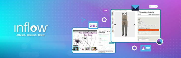 Screenshots of Stay Away Spider Repellant product page and M3's Tributary Waders - Stockingfoot. Logo: Inflow. Attract. Convert. Grow.