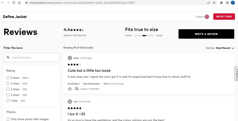 Lululemon.com Product Reviews for Define Jacket. Review 1: Cute but a little loos. It was okay, but I regret the size I got it in and I'm stupid and don't know how to return stuff l o l. Review 2: I love it. It's so nice to have the ventilation and the colour options are just the best!