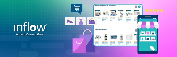 Screenshot of product recommendations: Other Customers Were Interested In and You Might Also Like. Illustrations of eCommerce product listings. Logo: Inflow. Attract. Convert. Grow.