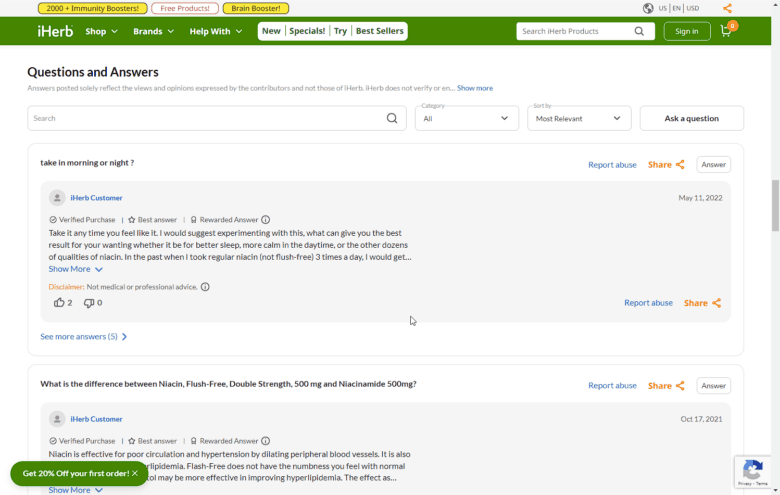 iHerb.com Questions and Answers. Question 1: Take in morning or night? Response: Take it any time you feel like it. I would suggest experimenting with this, what can give you the best result for your wanting whether it be for better sleep, more calm in the daytime, or the other dozens of qualities of niacin. Question 2: What is the difference between niacin, flush-free, double strength, 500 m g and Niacinamide 500 grams? Answer: Niacin is effective for poor circulation and hypertension by dilating peripheral blood vessels.