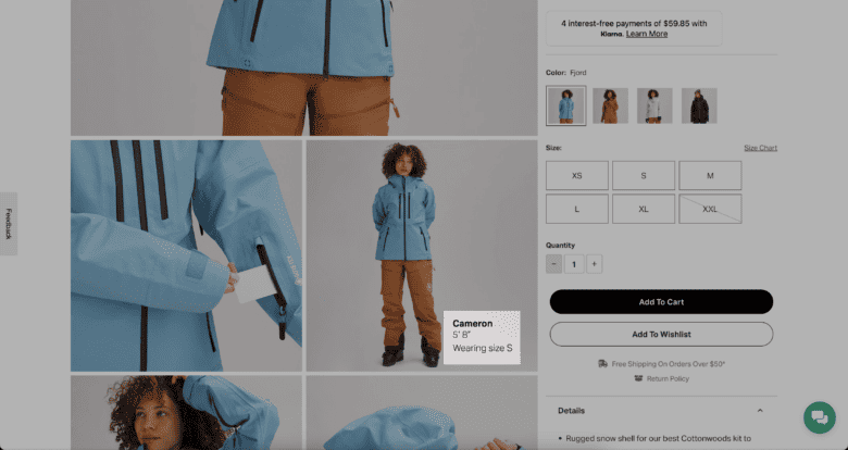 Backcountry.com product page. Highlighted is model information: Cameron, 5 foot 8 inches, wearing size small.