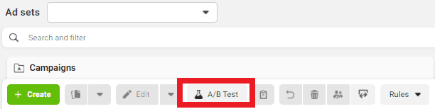 Facebook Ad Manager Toolbar, with the A B Test button highlighted