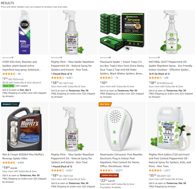 Amazon search page results for spider repellent, featuring images of spray bottles, insect traps, ultrasonic plugs, and gallon spray containers.