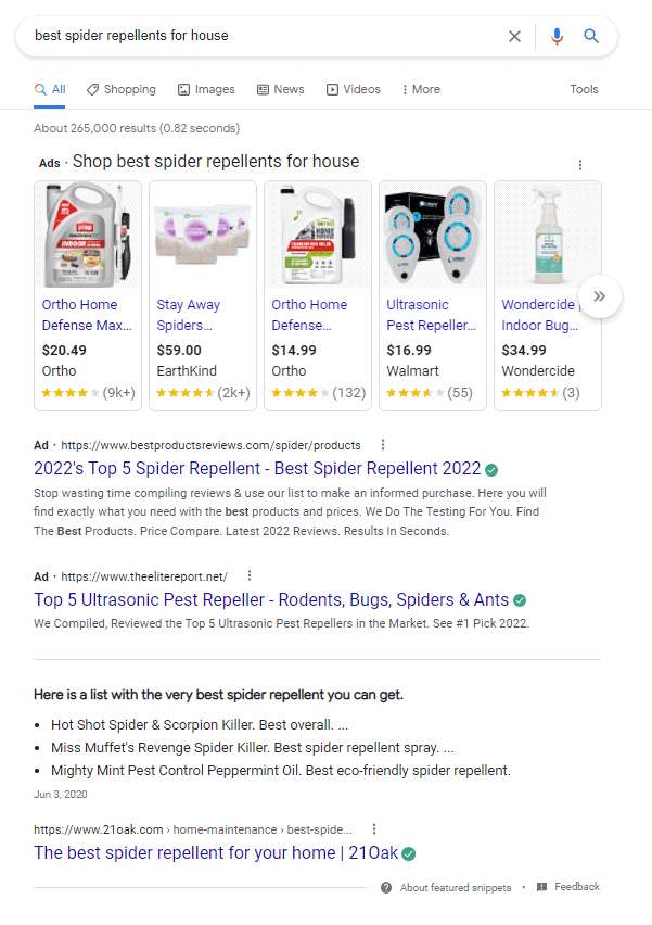 Google search results for best spider repellents for house, with Google Shopping and Search Ads results and a featured snippet: The best spider repellent for your home | 21 Oak.