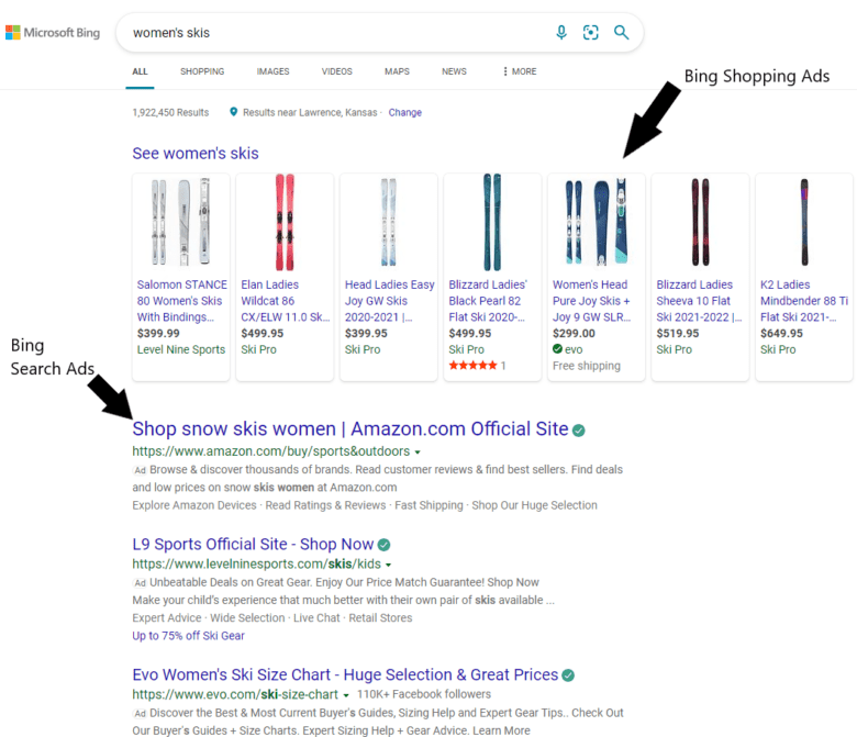 Bing search results for "women's skis." Arrows point to Bing Shopping Ad results and Bing Search Ad results.