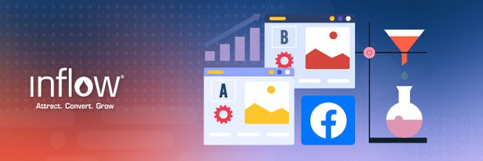 Illustration of two ads (A and B). Facebook logo. Beaker and science equipment. Logo: Inflow. Attract. Convert. Grow.