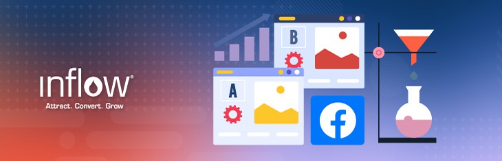 Illustration of two ads (A and B). Facebook logo. Beaker and science equipment. Logo: Inflow. Attract. Convert. Grow.