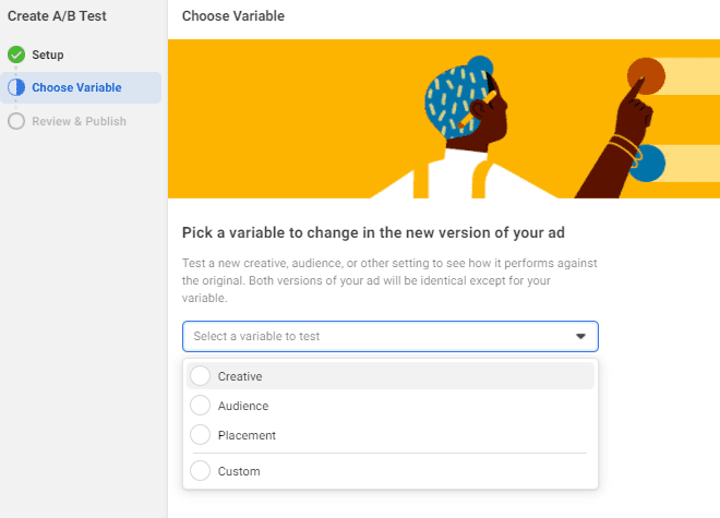 Facebook A B Testing platform. Prompt: Pick a variable to change in the new version of your ad. Choices: Creative, Audience, Placement, and Custom.