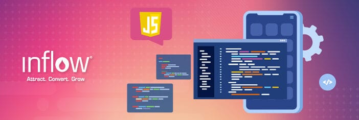 Illustration of website code with the JavaScript logo. Logo: Inflow. Attract. Convert. Grow.