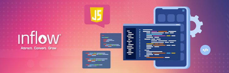 Illustration of website code with the JavaScript logo. Logo: Inflow. Attract. Convert. Grow.