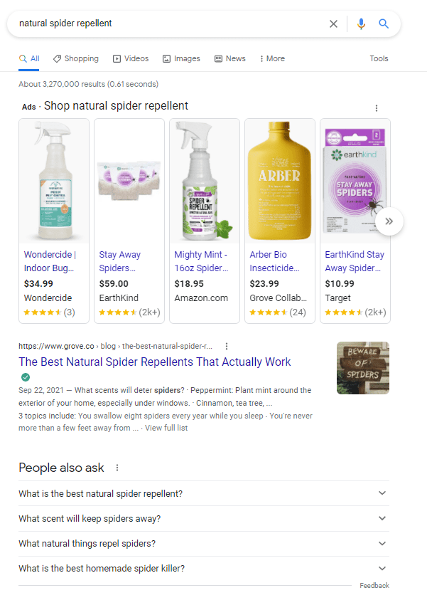 Google Search Results for natural spider repellent, showing Google Shopping Ads, The Grove.Co article The Best Natural Spider Repellents That Actually Work, and People Also Ask section.