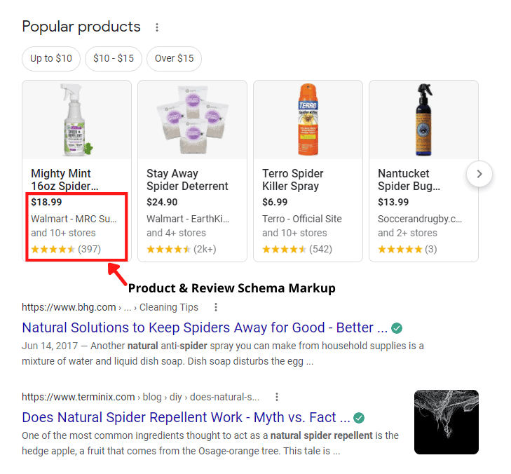 Google search results for spider repellent. Highlighted is Popular Product listing for Mighty Mint, $18.99, Walmart and 10 plus stores, 397 five star reviews.