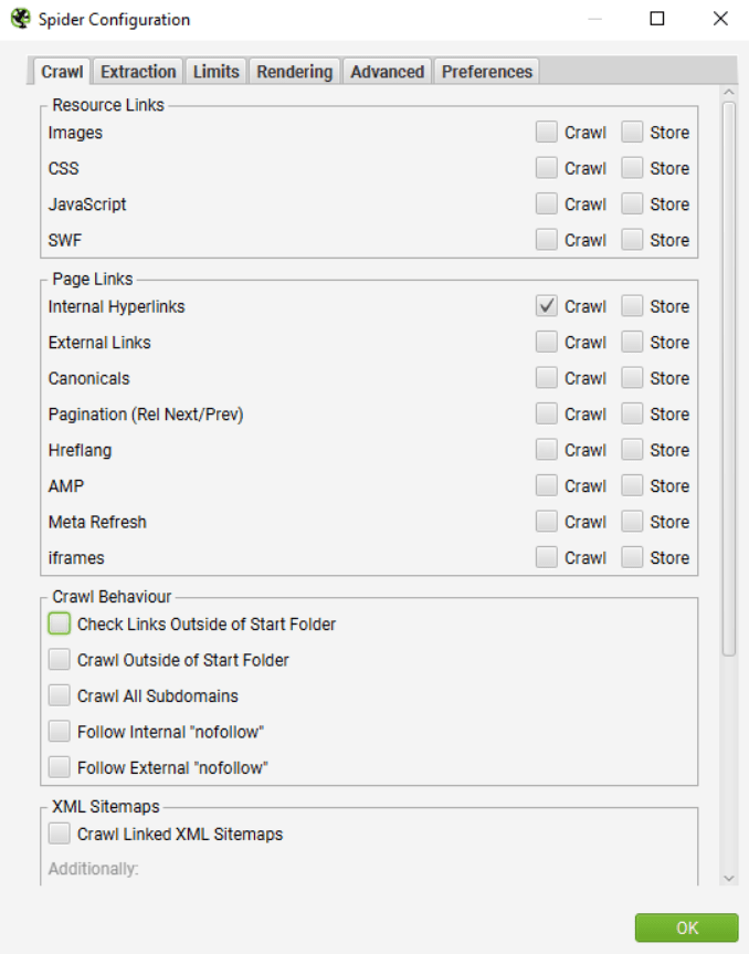 Screaming Frog Spider Configuration. Internal Hyperlinks is selected arsenic  a crawl setting.