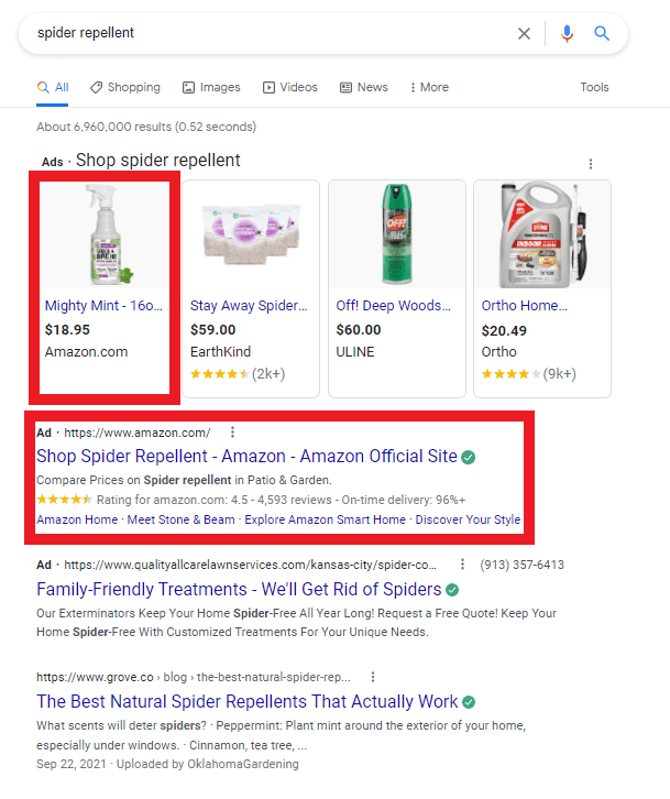 Google search results for spider repellent. The highlighted results are the first ad listing, which are for Mighty Mint sold at Amazon.com, and Shop Spider Repellent - Amazon - Amazon Official Site.