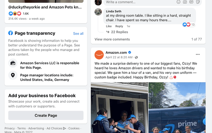 Screenshot of Amazon.com Facebook page and