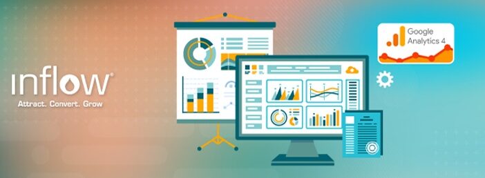 Illustration of desktop monitor and projection screen showing bar charts, pie charts, and other reports. Logo: Google Analytics 4. Logo: Inflow. Attract. Convert. Grow.