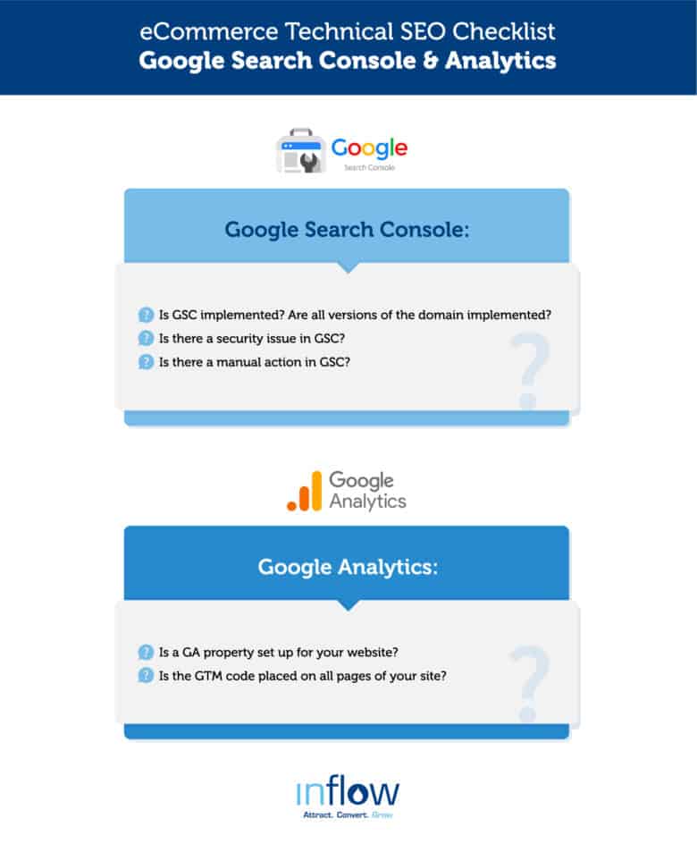 eCommerce Technical S E O Checklist: Google Search Console and Analytics. Google Search Console: Is G S C implemented? Are all versions of the domain implemented? Is there a security issue in G S C? Is there a manual action in G S C? Google Analytics: Is a G A property set up for your website? Is the G T M code placed on all pages of your site?