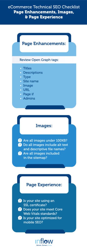 eCommerce Technical S E O Checklist: Page Enhancements, Images, and Page Experience Page Enhancements: Review Open Graph tags: Titles, Descriptions, Type, Site name, Image, U R L, Page if, Admins. Images: Are all images under 100 K B? Do all images include alt text and descriptive file names? Are all images included in the sitemap? Page Experience: Is your site using an S S L certificate? Does your site meet Core Web Vitals standards? Is your site optimized for mobile S E O?