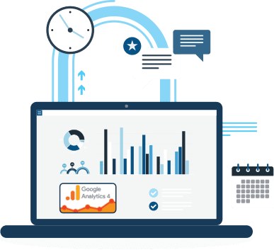 Illustration of a laptop monitor showing bar chart reports. Logo: Google Analytics 4.