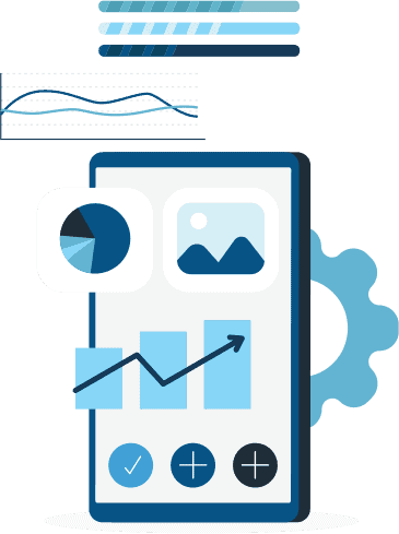 Illustration of a mobile phone screen showing a bar chart with line going upward, a pie chart, and an image icon.