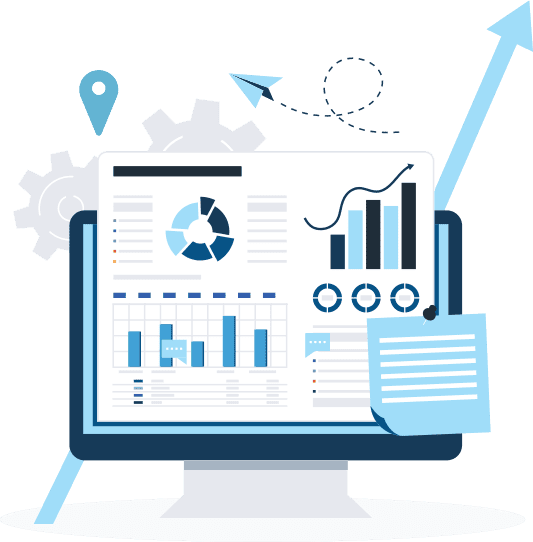 email-marketing-1 Illustration of a desktop computer monitor showing bar graphs, pie charts, and other reports.