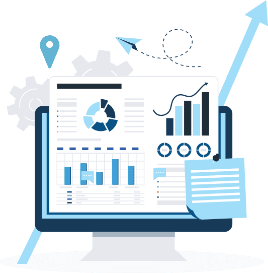 Illustration of a desktop computer monitor showing bar graphs, pie charts, and other reports.