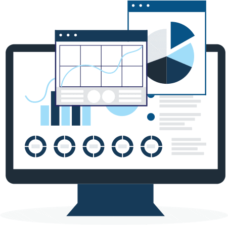 email-marketing-1 Illustration of a desktop computer monitor showing line graphs, pie charts, and other reports.