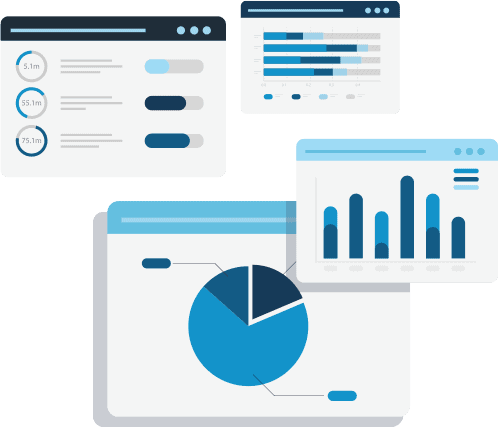 email-marketing-3 Illustration of various web pages showing bar charts, pie charts, and other reports.