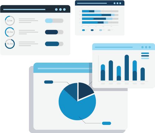 Illustration of various web pages showing bar charts, pie charts, and other reports.