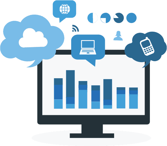 Illustration of computer monitor with icons for laptops and mobile phones.