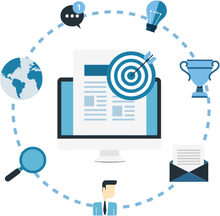 data-driven-human-powered Illustration of a computer desktop with a bullseye. Surrounding icons include a trophy, a magnifying glass, a human figure, a globe, a message icon, a lightbulb, and an email icon.