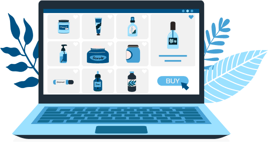 KEH-Case-Study-1 Illustration of a laptop monitor and natural products displayed on an eCommerce site. Computer mouse is hovering over