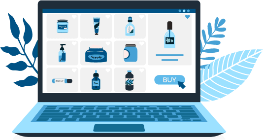 Illustration of a laptop monitor and natural products displayed on an eCommerce site. Computer mouse is hovering over 