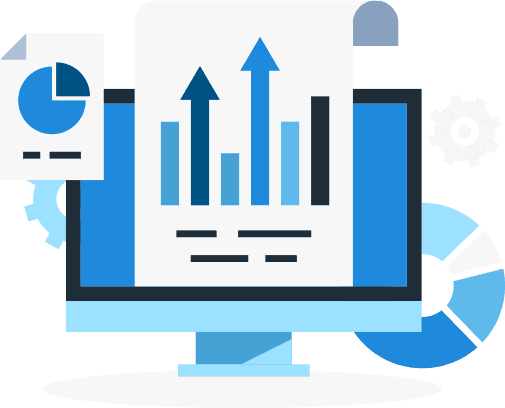 Illustration of bar graph trending upward on a desktop computer monitor.