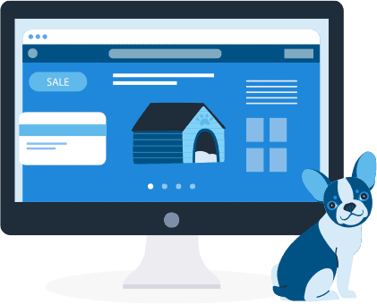 KEH-Case-Study-1 Illustration of a desktop computer monitor showing a pet product online store. An illustrated French bulldog sits next to the computer monitor.