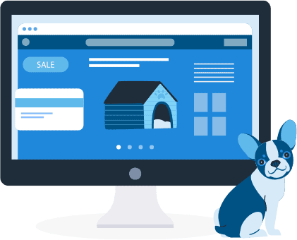 Illustration of a desktop computer monitor showing a pet product online store. An illustrated French bulldog sits next to the computer monitor.