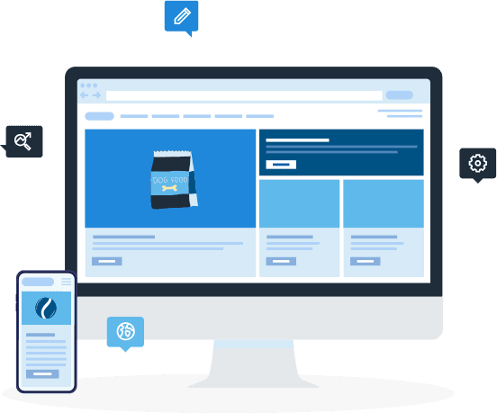 Illustration of desktop computer monitor with a pet food product listing. Illustration of a mobile phone showing a pet toy product listing.