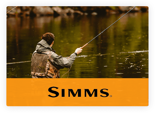 Photo of a fisherman fishing in the water. Logo: Simms.