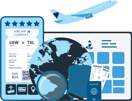 Illustration of an airplane ticket, a globe, a magnifying glass, a passport, a suitcase, and a travel agency website. Above all of it is an airplane taking off.