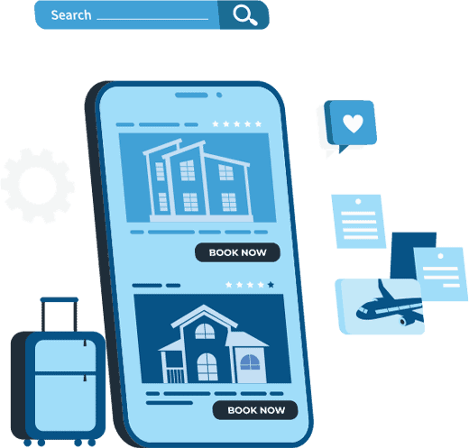 Illustration of a mobile phone showing two lodging bookings for travel. Next to it are icons for a suitcase, airplane, and search bar.