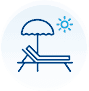 Illustration of a lounge beach chair under an umbrella and sun.