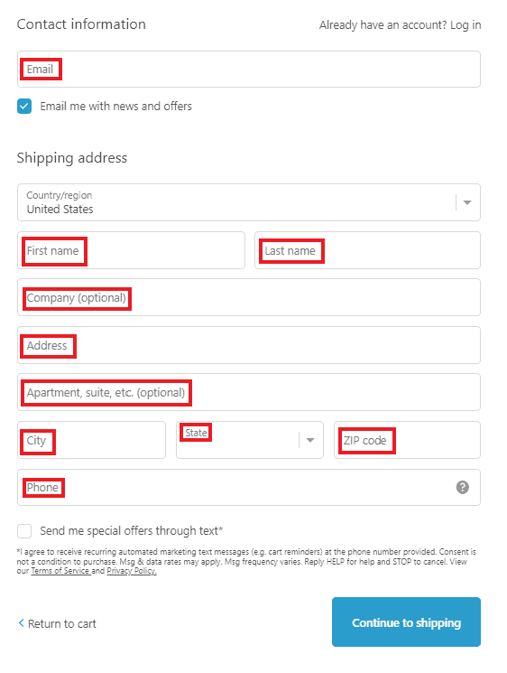 Checkout form with form field names highlighted in red boxes. Form field names: Email, First Name, Last Name, Company (optional), Address, Apartment, suite, etc. (optional), City, State, ZIP code, Phone.