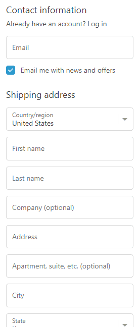 Mobile version of a shipping address form fill. All fields have collapsed into one column for mobile usage. Fields: Email, Country / region, First name, Last name, Company (optional), Address, Apartment, suite, etc. (optional), City, State.