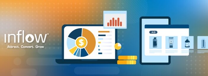 Illustration of a pie graph on a laptop screen. Illustration of Google Shopping Ads on a mobile device screen. Logo: Inflow. Attract. Convert. Grow.