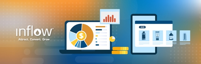 Illustration of a pie graph on a laptop screen. Illustration of Google Shopping Ads on a mobile device screen. Logo: Inflow. Attract. Convert. Grow.