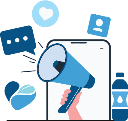 Illustration of a hand holding a megaphone on top of a mobile screen. Icons for water bottles, messages, profiles, and more surround the mobile screen.